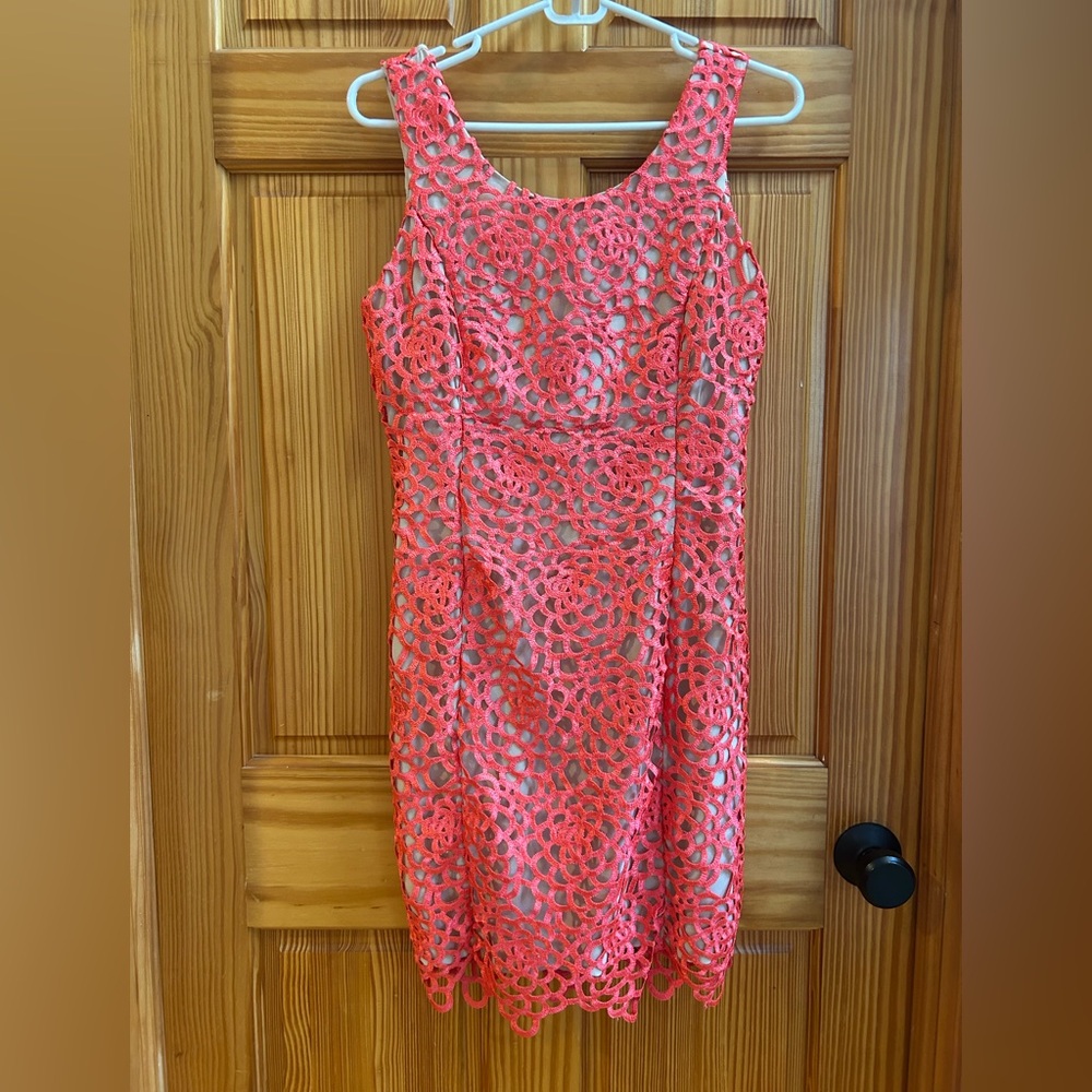 Minuet Petite Vibrant Coral Lace Midi Dress